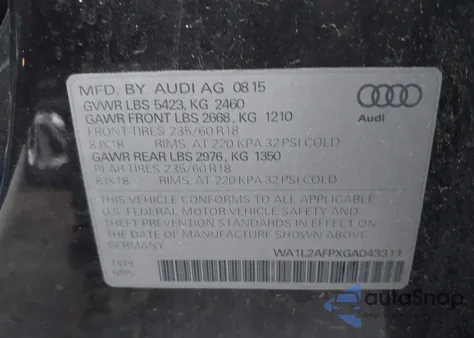 2016 Audi Q5 2.0T Premium из США, поврежденный, VIN WA1L2AFPXGA043311